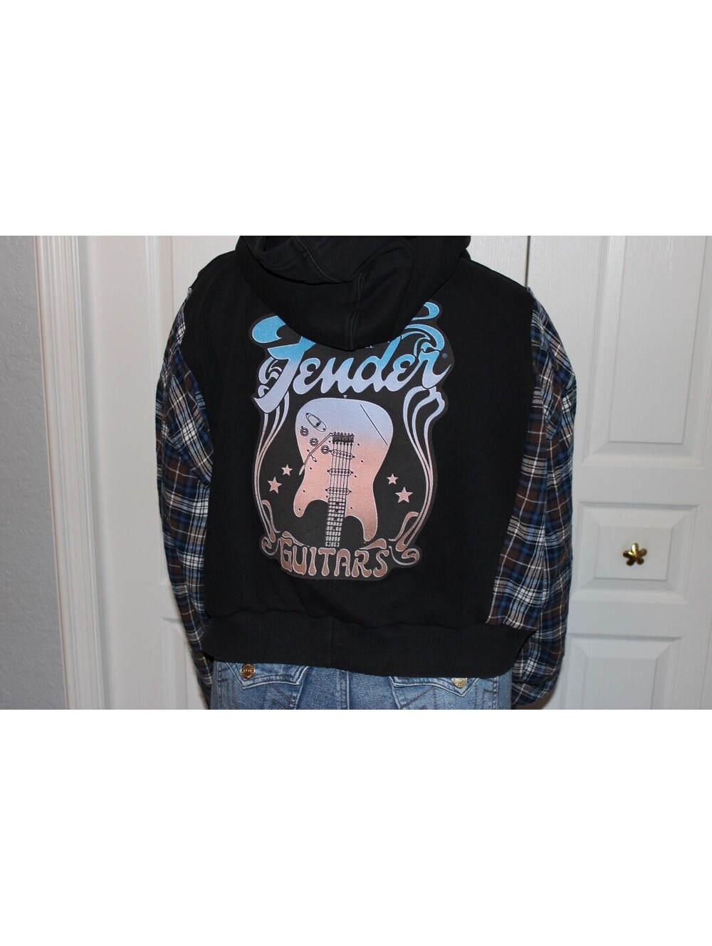 REworked Fender Guitars Black Hoodie with Plaid Sleeves and Graphic on Back